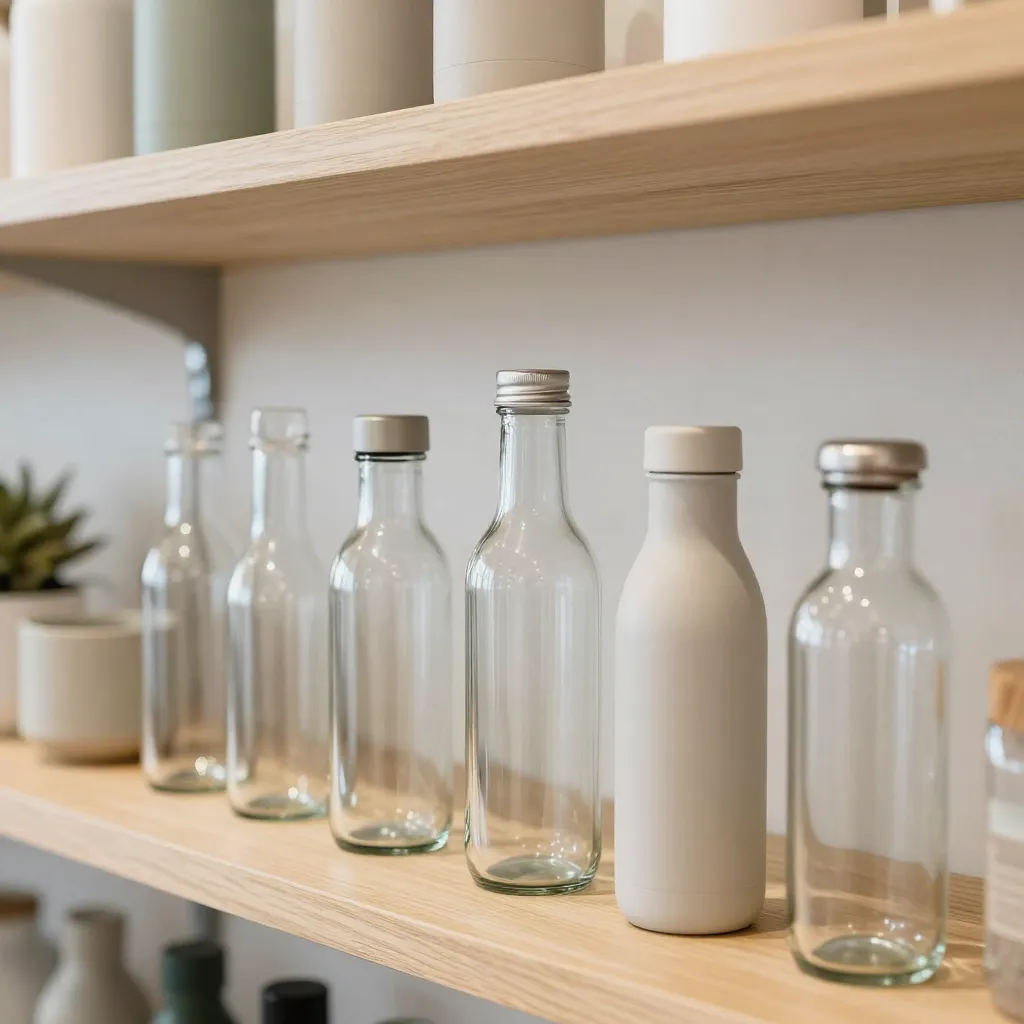 Glass bottles arranged on wooden kitchen shelf with natural lighting