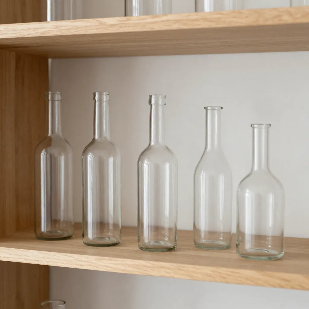 Minimalist workspace with glass bottle and plants